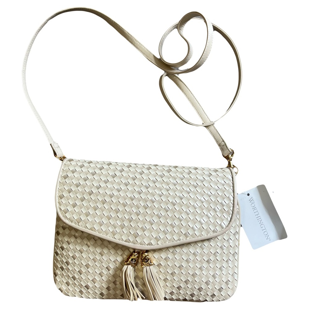 NWT Worthington Ivory Cream Woven Crossbody Bag with tassels Bohemian Casual